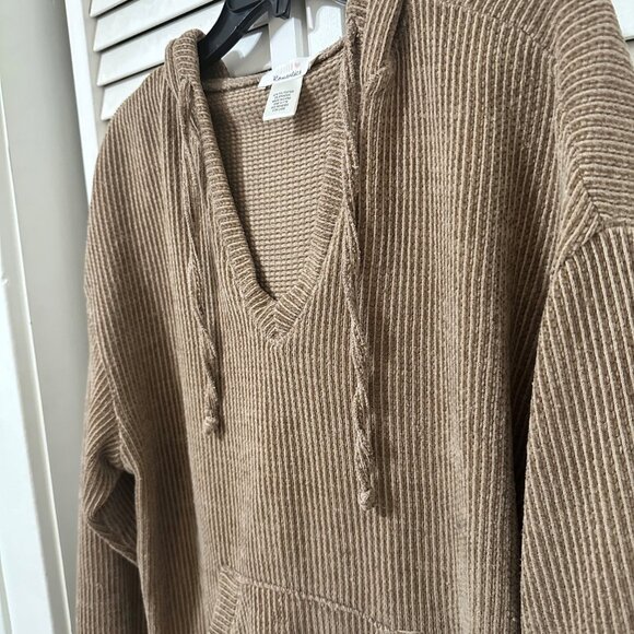 Urban Romantics Tan Ribbed Drawstring Pullover V-Neck Hoodie Size L - Picture 2 of 6